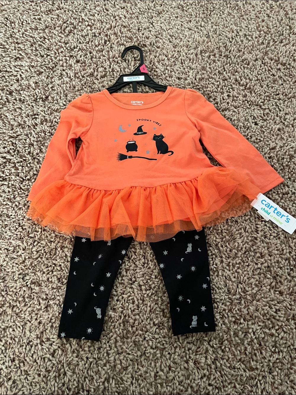 Carter's Orange Tutu Witch Top with Black Moon & Star Leggings